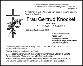Traueranzeige von Gertrud Knöckel von Frankenpost