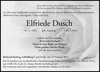 Traueranzeige von Elfriede Dusch von Neue Presse Coburg
