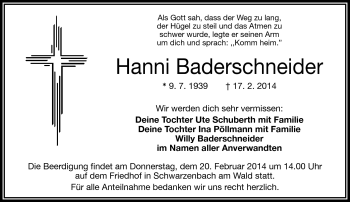 Traueranzeige von Hanni Baderschneider von Frankenpost