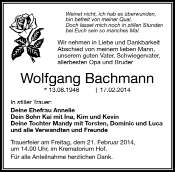 Traueranzeige von Wolfgang Bachmann von Frankenpost