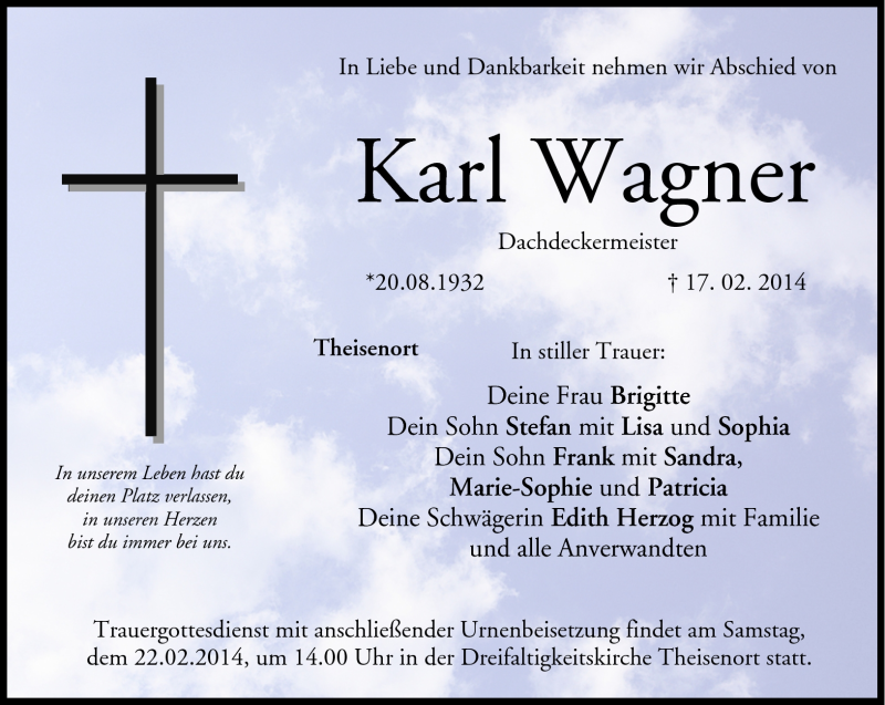 Traueranzeige für Karl Wagner vom 20.02.2014 aus Neue Presse Coburg