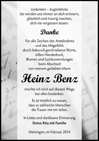 Traueranzeige von Heinz Benz von Südthüringer Presse