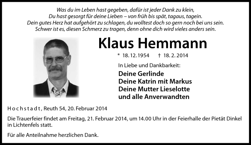  Traueranzeige für Klaus Hemmann vom 20.02.2014 aus Neue Presse Coburg