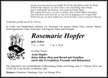 Traueranzeige von Rosemarie Hopfer von Südthüringer Presse
