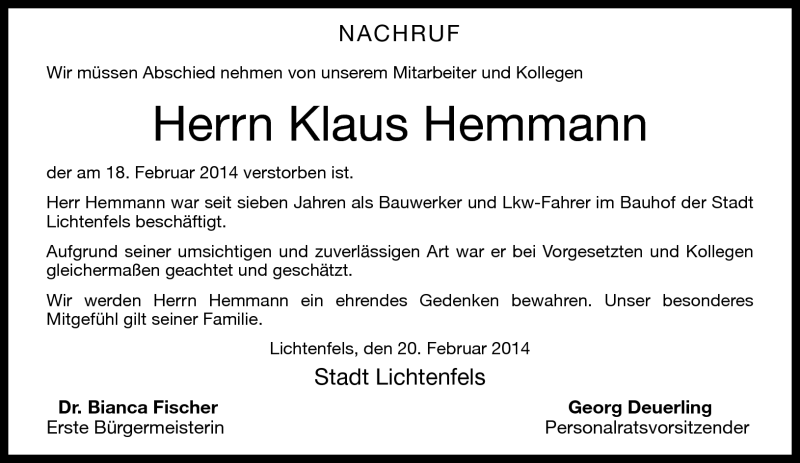  Traueranzeige für Klaus Hemmann vom 21.02.2014 aus Neue Presse Coburg