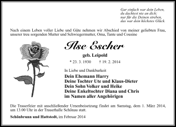 Traueranzeige von Ilse Escher von Südthüringer Presse