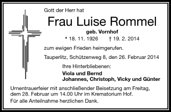 Traueranzeige von Luise Rommel von Frankenpost