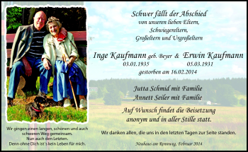 Traueranzeige von Inge Kaufmann von Südthüringer Presse