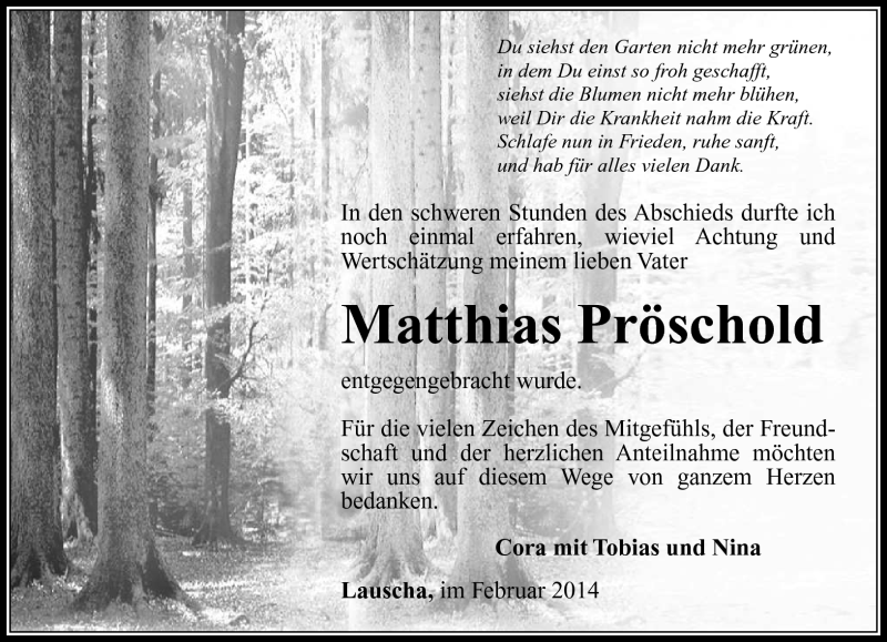  Traueranzeige für Matthias Pröschold vom 22.02.2014 aus Südthüringer Presse