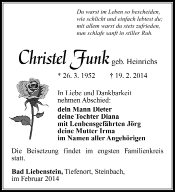 Traueranzeige von Christel Funk von Südthüringer Presse