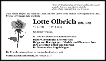 Traueranzeige von Lotte Olbrich von Südthüringer Presse