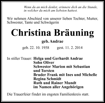Traueranzeige von Christina Bräuning von Südthüringer Presse