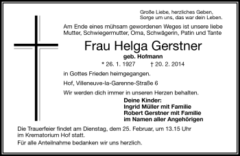 Traueranzeige von Helga Gerstner von Frankenpost