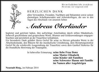 Traueranzeige von Andreas Oberländer von Südthüringer Presse