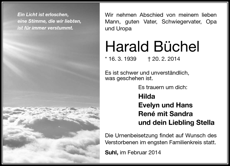  Traueranzeige für Harald Büchel vom 22.02.2014 aus Südthüringer Presse