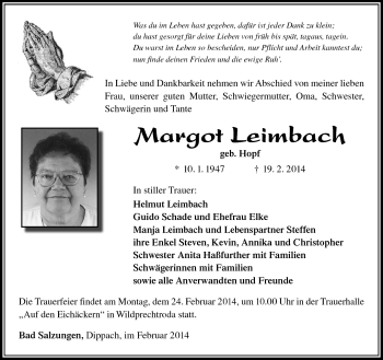 Traueranzeige von Margot Leimbach von Südthüringer Presse