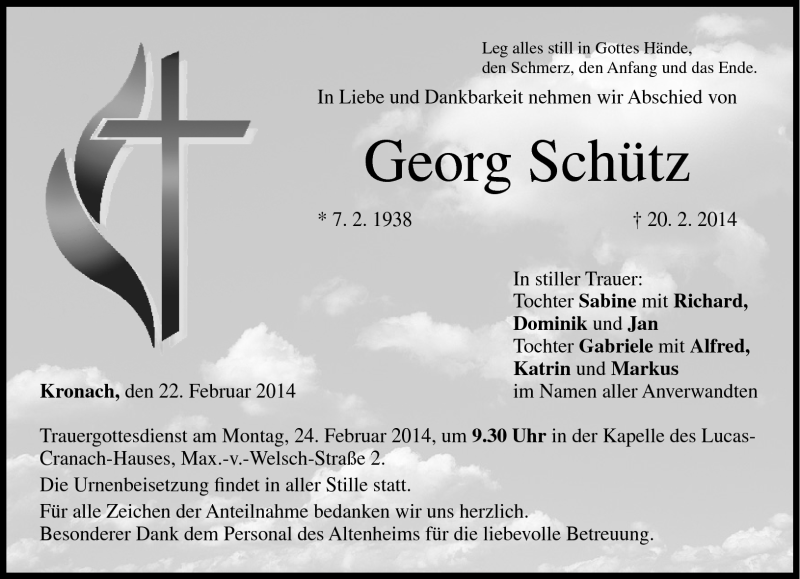  Traueranzeige für Georg Schütz vom 22.02.2014 aus Neue Presse Coburg