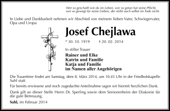 Traueranzeige von Josef Chejlawa von Südthüringer Presse
