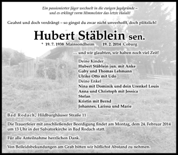 Traueranzeige von Hubert Stäblein von Neue Presse Coburg