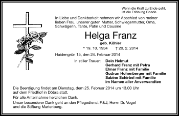 Traueranzeige von Helga Franz von Frankenpost