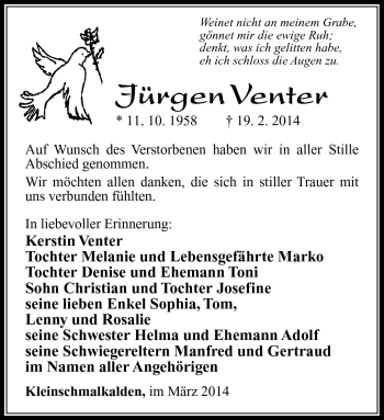 Traueranzeige von Jürgen Venter von Südthüringer Presse