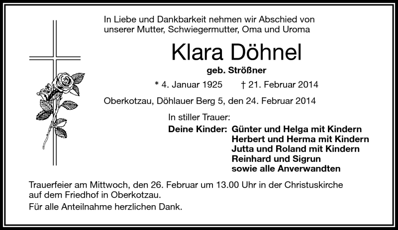  Traueranzeige für Klara Döhnel vom 24.02.2014 aus Frankenpost