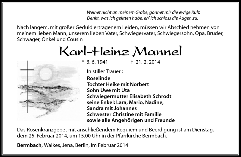  Traueranzeige für Karl-Heinz Mannel vom 24.02.2014 aus Südthüringer Presse