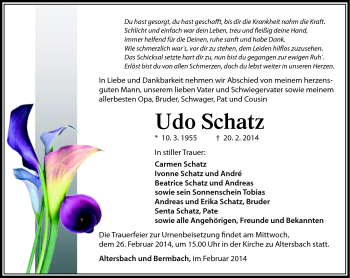 Traueranzeige von Udo Schatz von Südthüringer Presse