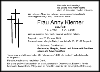 Traueranzeige von Anny Klerner von Frankenpost