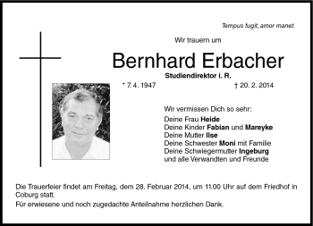 Traueranzeige von Bernhard Erbacher von Neue Presse Coburg