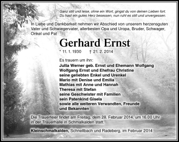 Traueranzeige von Gerhard Ernst von Südthüringer Presse