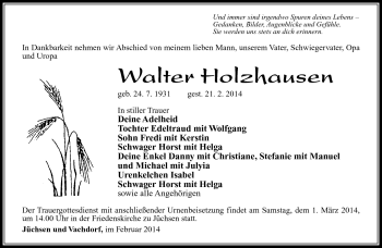 Traueranzeige von Walter Holzhausen von Südthüringer Presse