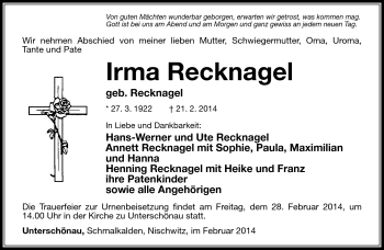 Traueranzeige von Irma Recknagel von Südthüringer Presse