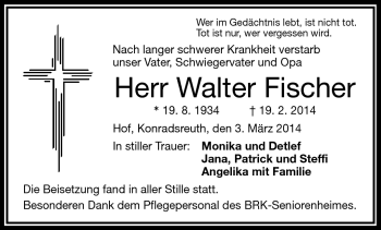 Traueranzeige von Walter Físcher von Frankenpost