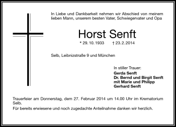 Traueranzeige von Horst Senft von Frankenpost