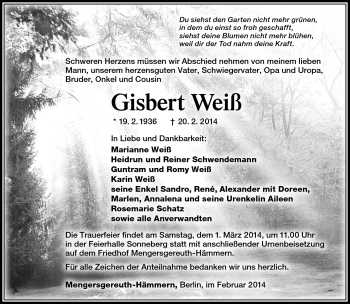Traueranzeige von Gisbert Weiß von Südthüringer Presse