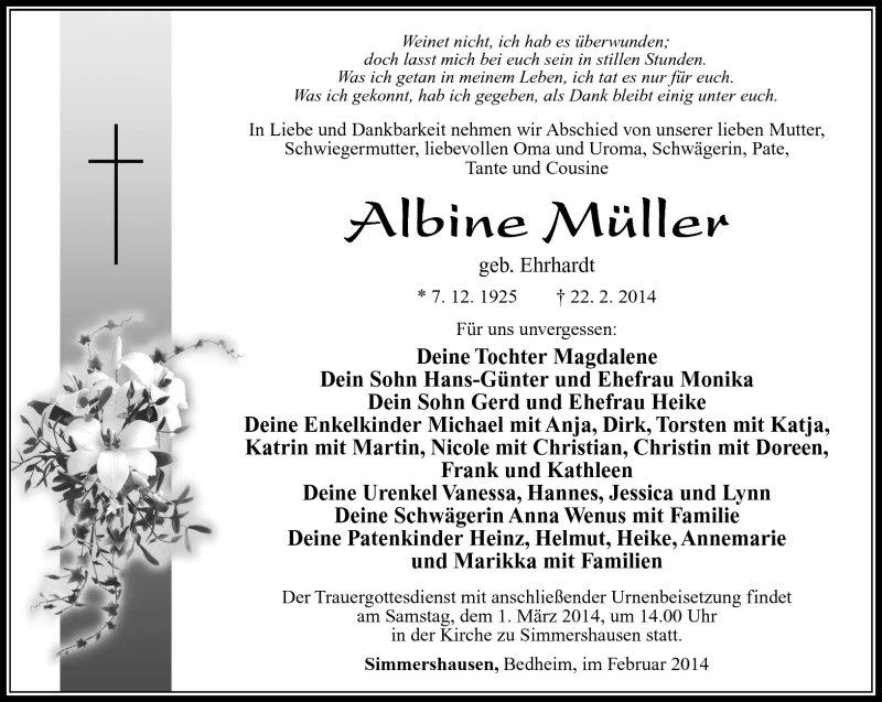  Traueranzeige für Albine Müller vom 26.02.2014 aus Südthüringer Presse