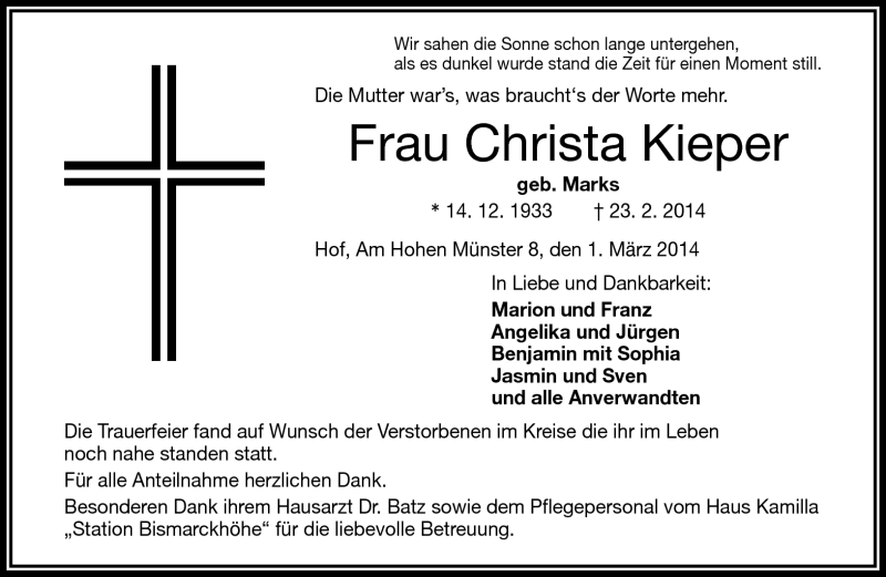  Traueranzeige für Christa Kieper vom 01.03.2014 aus Frankenpost