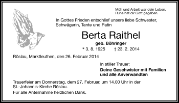 Traueranzeige von Berta Raithel von Frankenpost