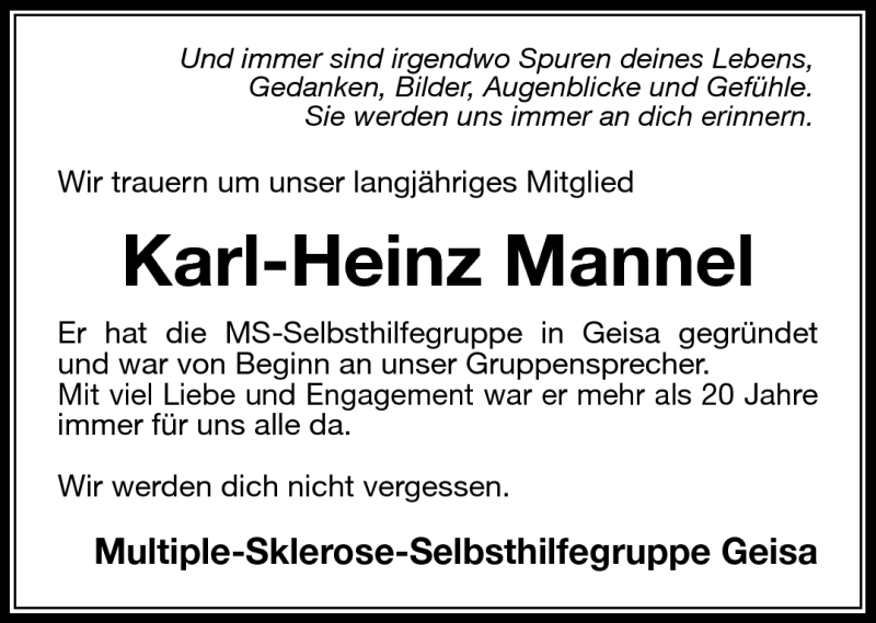  Traueranzeige für Karl-Heinz Mannel vom 25.02.2014 aus Südthüringer Presse