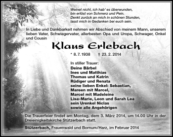 Traueranzeige von Klaus Erlebach von Südthüringer Presse