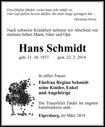 Traueranzeige von Hans Schmidt von Südthüringer Presse