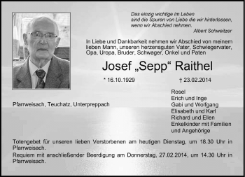 Traueranzeige von Josef Raithel von Neue Presse Coburg
