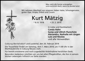 Traueranzeige von Kurt Mätzig von Neue Presse Coburg