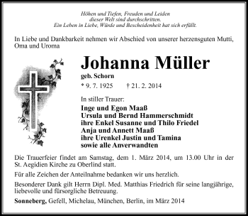 Traueranzeige von Johanna Müller von Südthüringer Presse