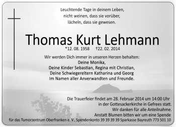 Traueranzeige von Thomas Kurt Lehmann von Frankenpost