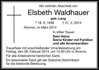 Traueranzeige von Elseth Waldhauer von Frankenpost