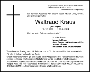 Traueranzeige von Waltraud Kraus von Frankenpost