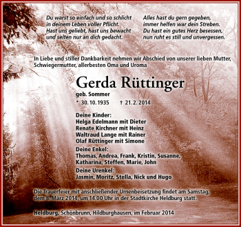 Traueranzeige von Gerda Rüttinger von Südthüringer Presse