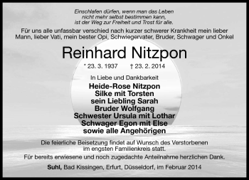 Traueranzeige von Reinhard Nitzpon von Südthüringer Presse
